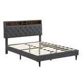 Modern Upholstered Platform Bed Frame With Button Tufted Headboard And USB Ports