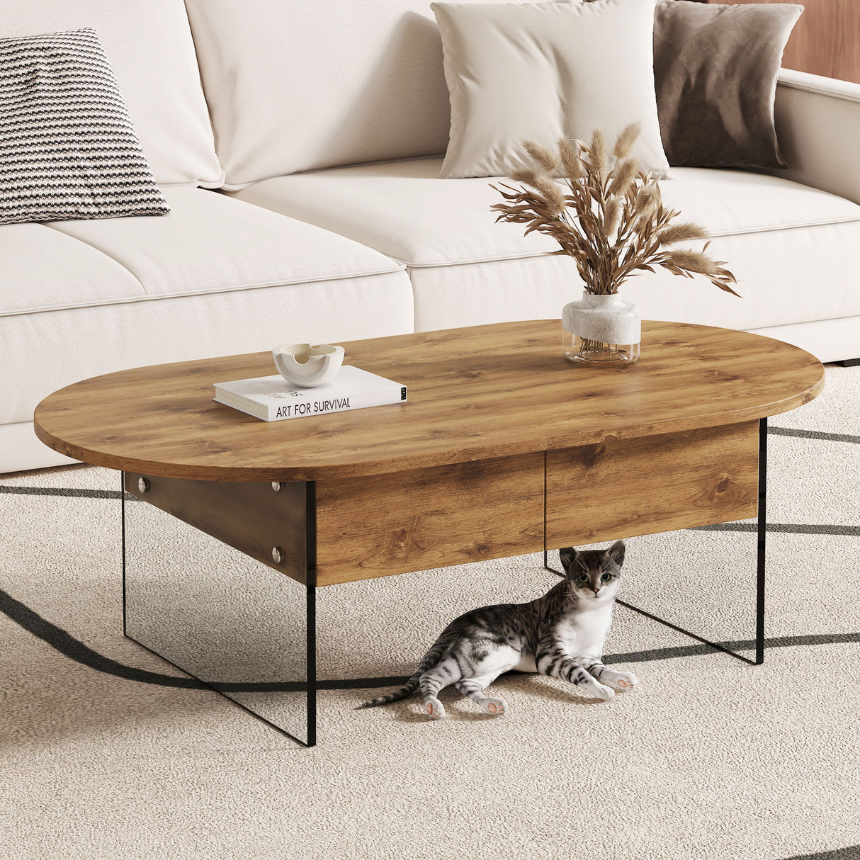 Elegant Coffee Table With Double Drawers And Transparent Glass Sides - Wood