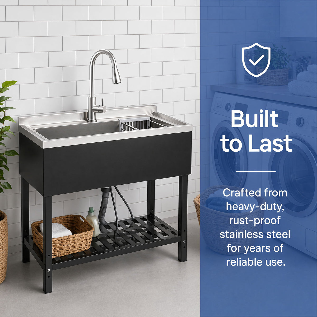 Freestanding Utility Sink With Pull Out Faucet And Large Storage Grille - Black / Silver