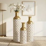 Handcrafted Cutout Hollow Tall Standing Floor Vase, Home Decor (Set of 3) - White / Gold