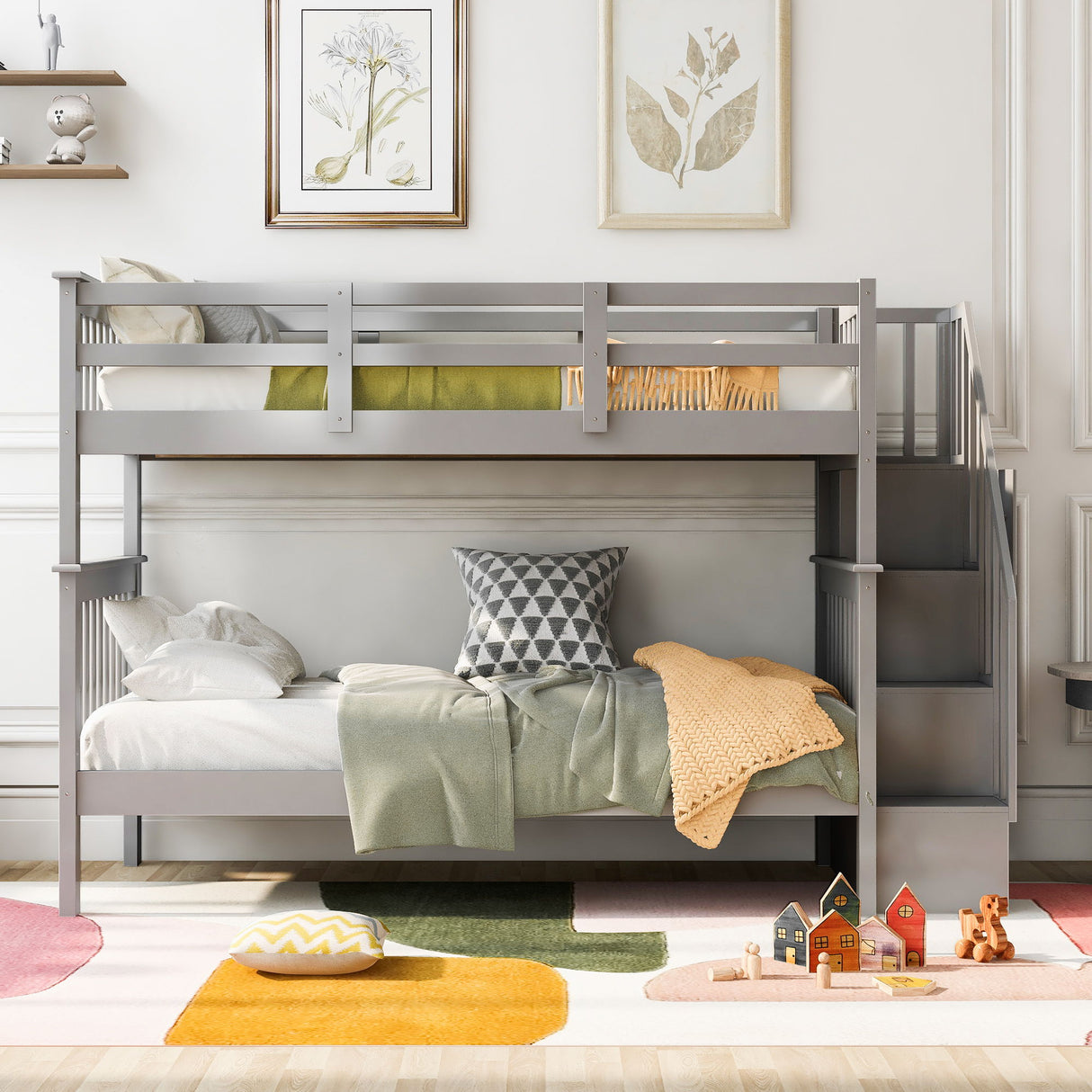 Stairway Bunk Bed With Storage And Guard Rail For Bedroom