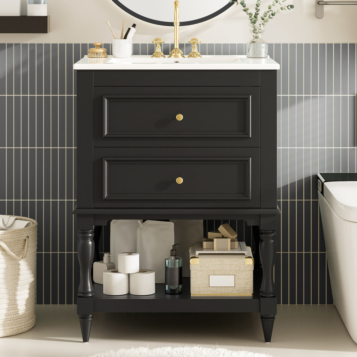 Bathroom Vanity With Sink, 2 Drawers Storage Cabinet, Open Shelf