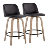 Tintori - Contemporary Fixed-Height Swivel Counter Stool (Set of 2) - Whitewashed Wood And Black Faux Leather With Round Black Metal Footrest