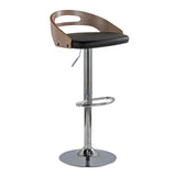 Cassis - Mid-Century Modern Adjustable Barstool With Swivel (Set of 2) - Chrome Metal, Light Gray Wood And Black Faux Leather With Oval Footrest