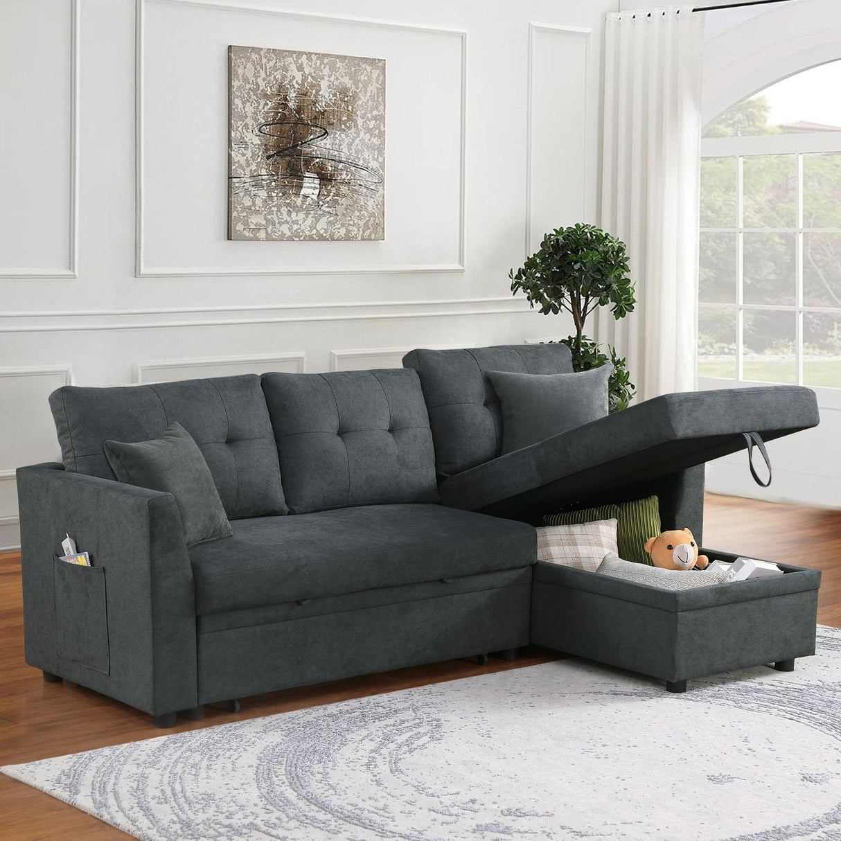 Sectional Sofa Bed L Shaped Sofa Couch Bed With USB Port, Reversible Chaise With Storage