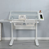 38.18" Hand Crank Adjustable Drafting Table Drawing Desk With 2 Metal Drawers With Stool
