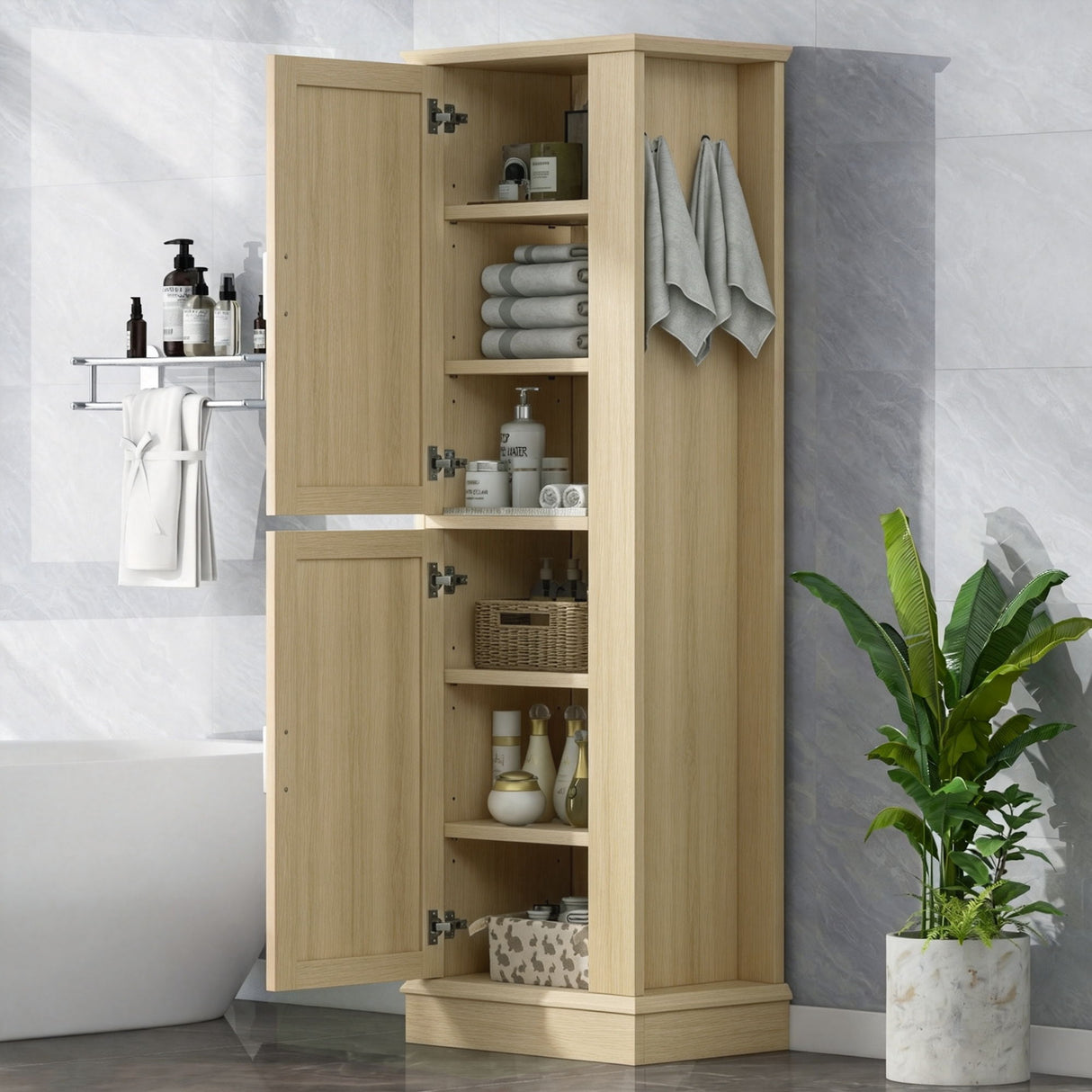 Tall Freestanding Bathroom Storage Cabinet With Adjustable Shelves And Side Hooks