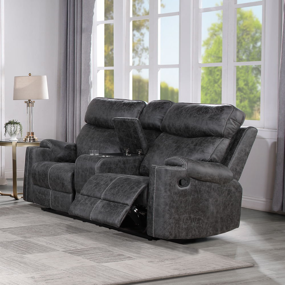 Hirah Motion Loveseat With Console USB Port Dark Gray Polish Mic Varouj