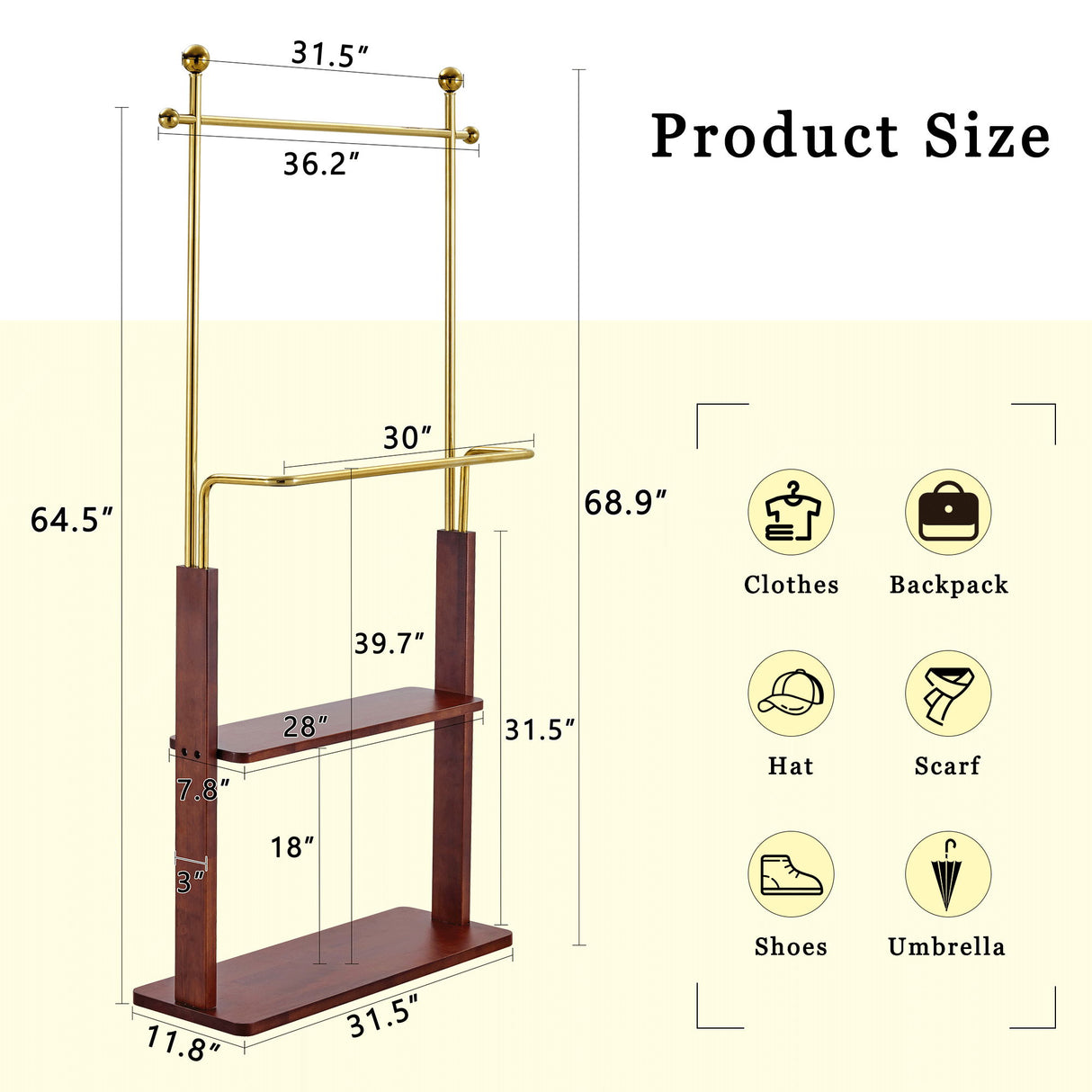 Hanger Double Layer Coat Rack With Solid Wood Partition - Gold / Walnut