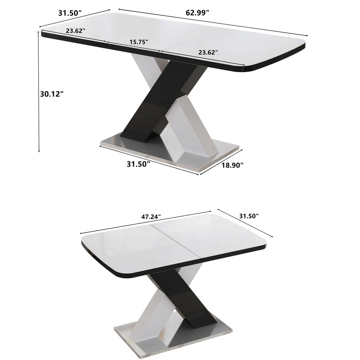 Rectangle Dining Table, Stretchable, Table Top With X Shape And Legs And Base - White / Black