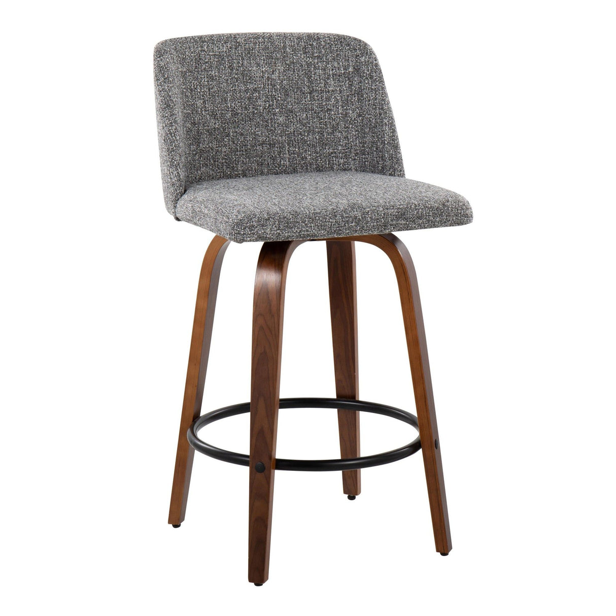 Toriano - Fixed-Height Counter Stool (Set of 2) - Walnut Wood With Round Black Footrest And Gray Noise Fabric