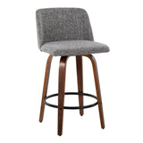 Toriano - Fixed-Height Counter Stool (Set of 2) - Walnut Wood With Round Black Footrest And Gray Noise Fabric