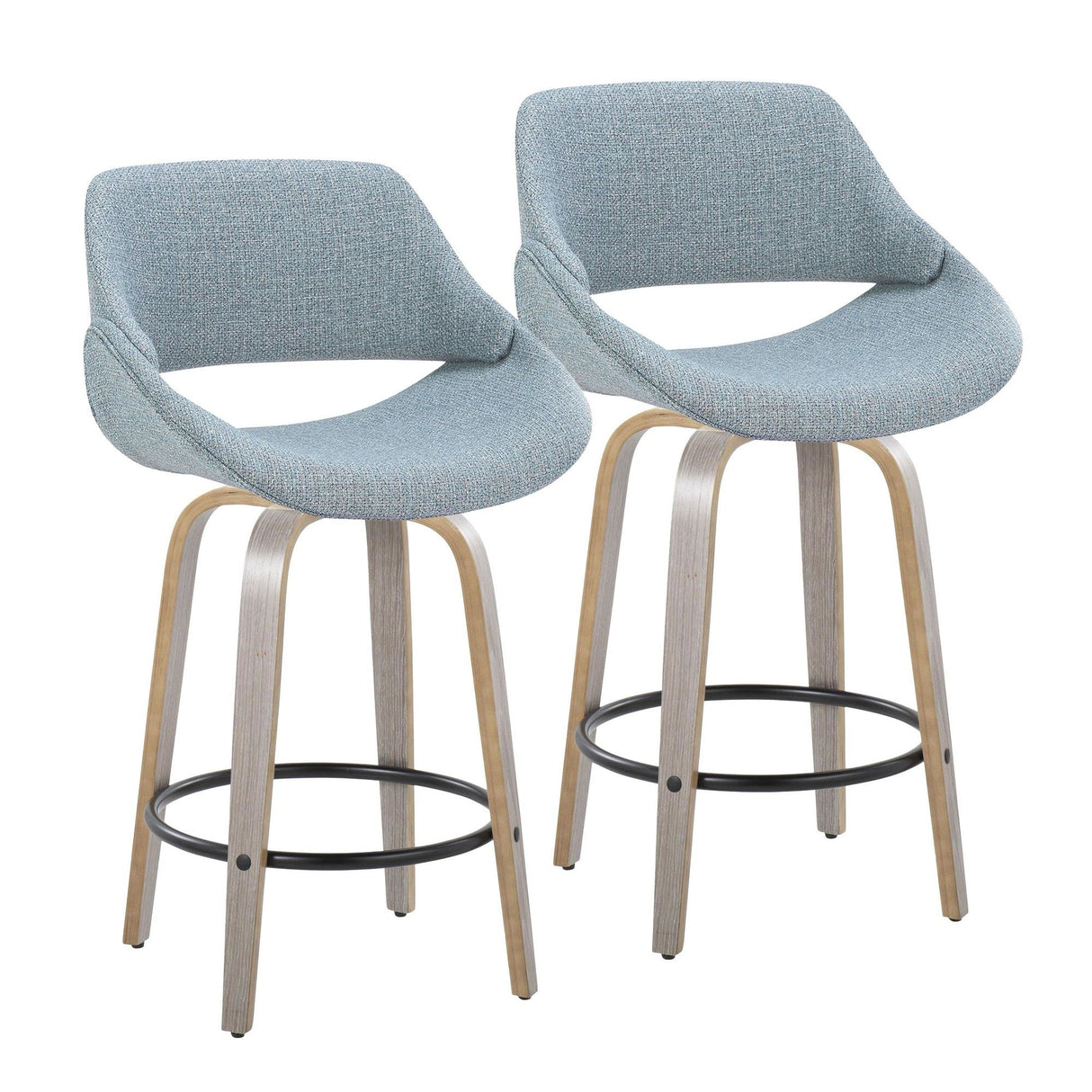 Fabrizzi - 26" Fixed-Height Counter Stool With Swivel And Round Black Metal Footrest (Set of 2) - Light Gray Wood