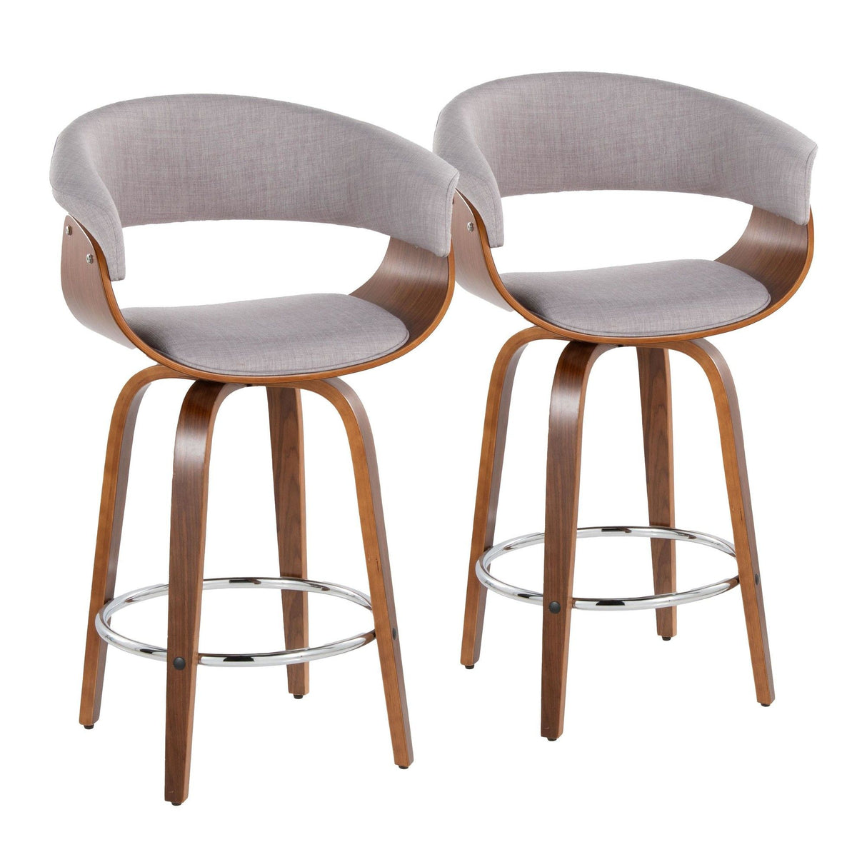 Vintage Mod - 26" Fixed-Height Counter Stool With Swivel (Set of 2) - Walnut Wood And Stone Fabric With Round Chrome Metal Footrest