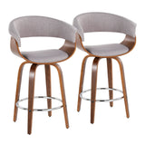 Vintage Mod - 26" Fixed-Height Counter Stool With Swivel (Set of 2) - Walnut Wood And Stone Fabric With Round Chrome Metal Footrest
