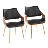Curvo - High Back Chair (Set of 2) - Gold Metal, Walnut Wood, Black Faux Leather