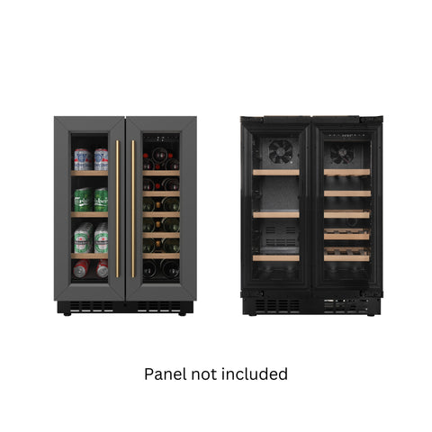 KoolMore Reserve 24 in. French Door Dual Zone Panel Ready Under-Counter Cooler with Wooden Shelves and 20 Bottle Capacity in the Right Zone and 2.1 Cu. Ft. on the Left in Black (KM-CWB24-WPR)