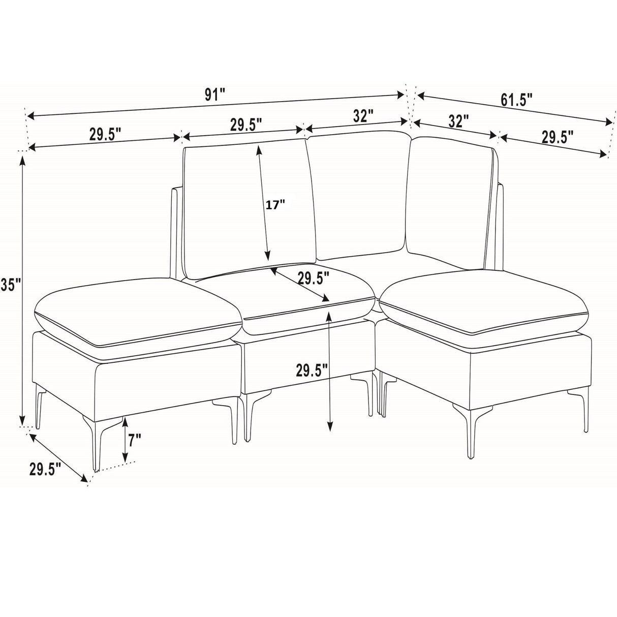 Upholstered Modular Sectional With Tall Legs, Medium Firm Seat