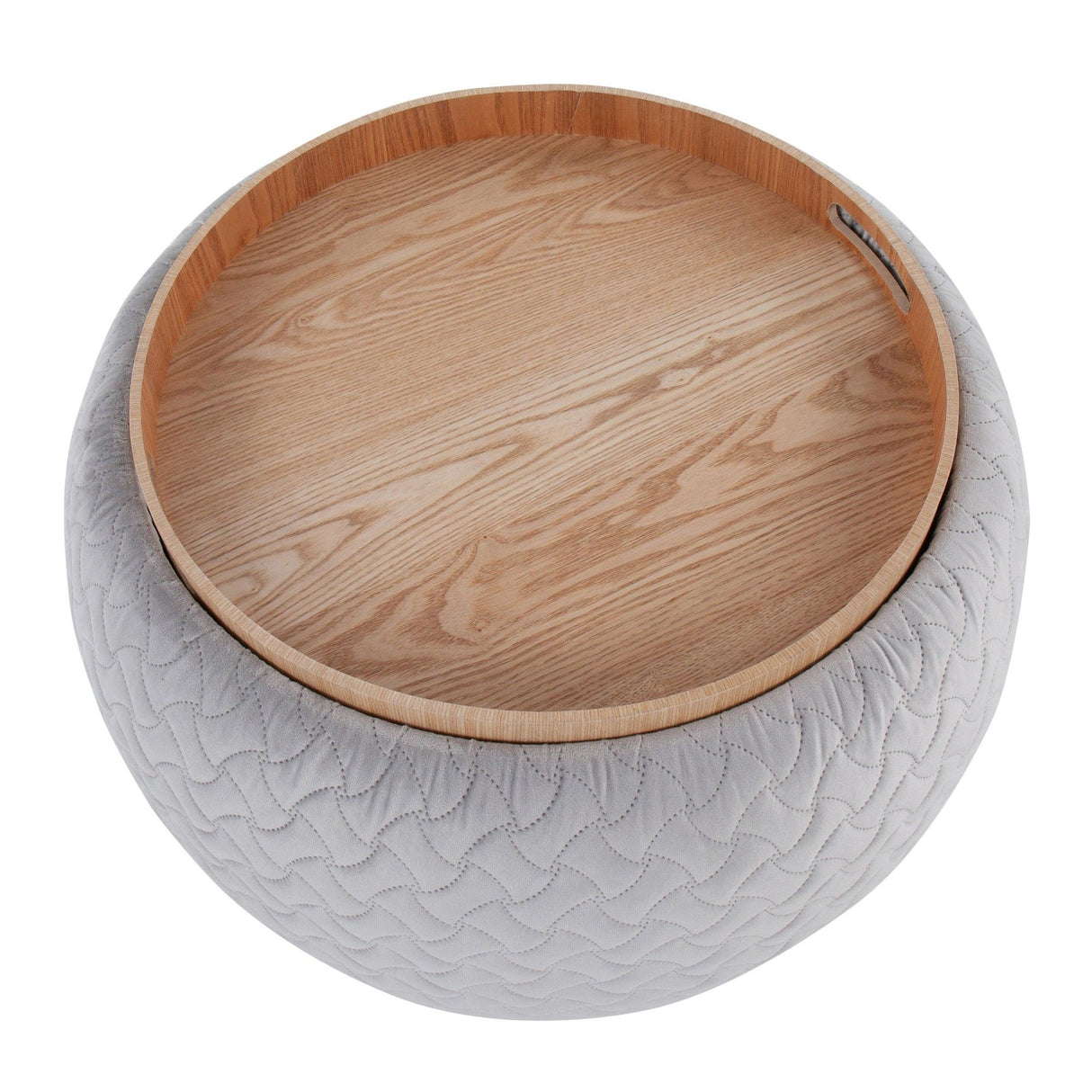 Tray - Pouf Contemporary Ottoman - Natural Wood And Silver Velvet