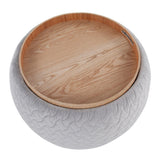 Tray - Pouf Contemporary Ottoman - Natural Wood And Silver Velvet