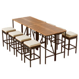 Outdoor Acacia Wood Bar Height Table And Eight Stools With Cushions