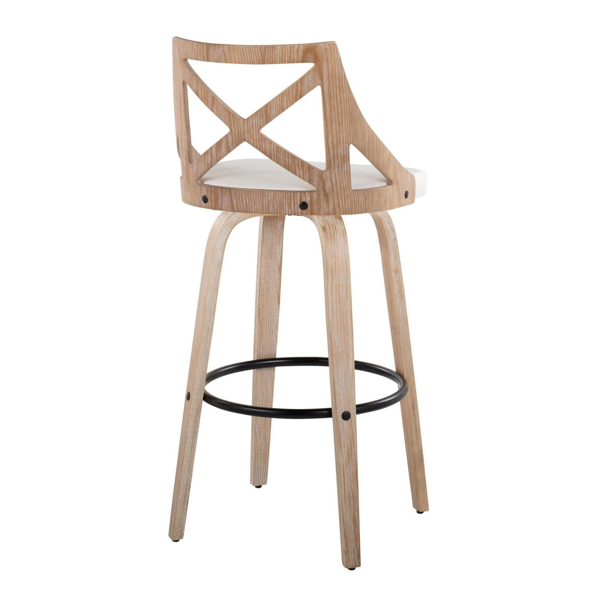 Charlotte - Farmhouse Fixed-Height Swivel Barstool (Set of 2) - Whitewashed Wood And White Faux Leather With Round Black Metal Footrest