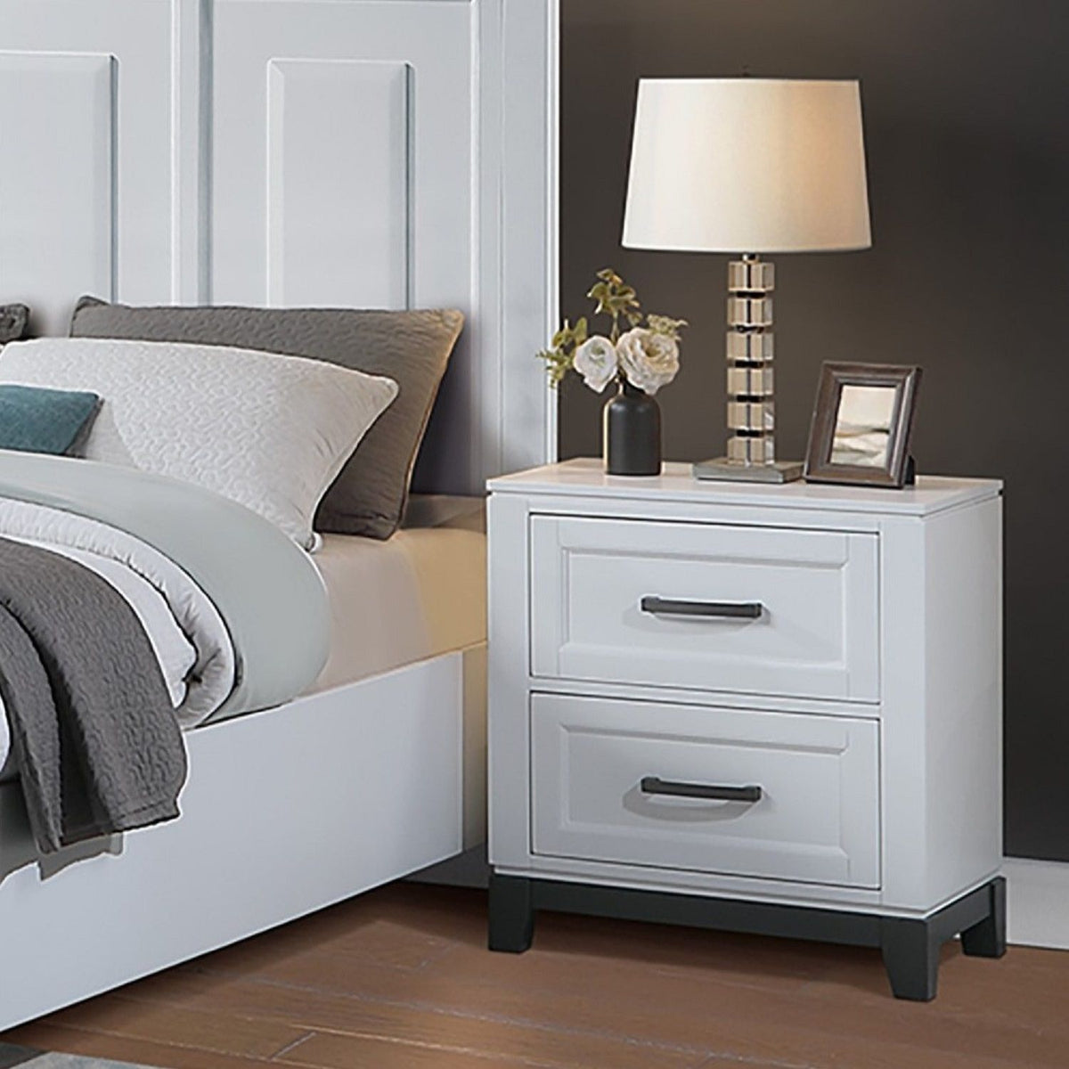 Bedside Table White And Gray 1 Piece Nightstand, 2-Drawers Storage Bedroom Furniture Transitional Style
