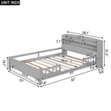 Wood Platform Bed With Built In LED Light, Storage Headboard And Guardrail