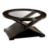 Coffee Table With Cross Design Base, Beveled Glass Top - Espresso