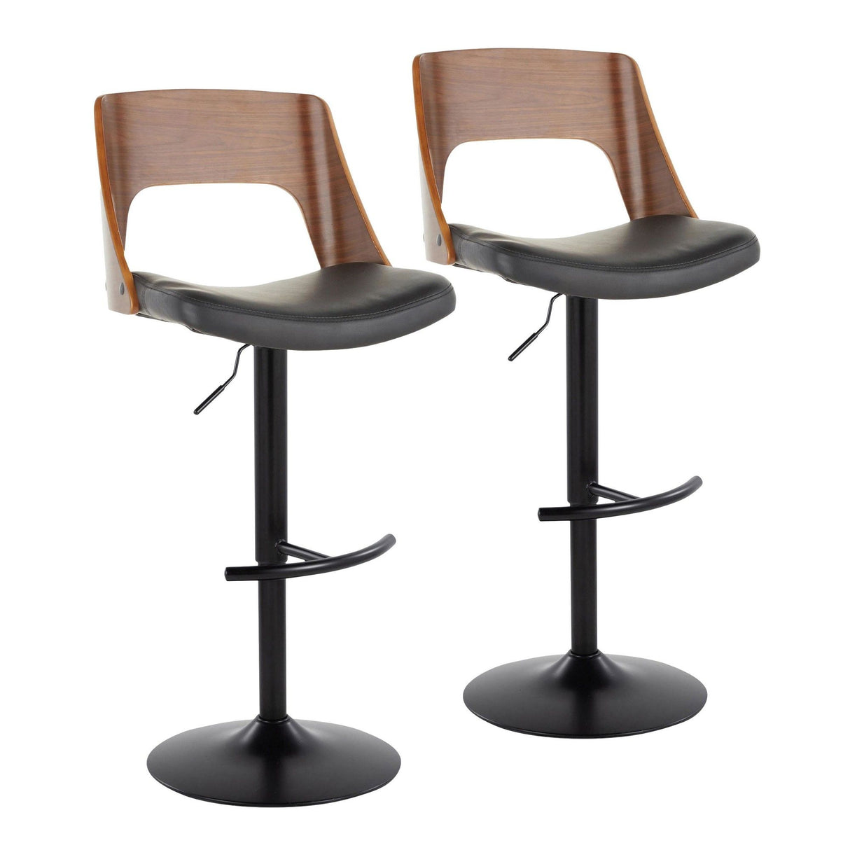 Valencia - Mid-Century Modern Adjustable Swivel Barstool (Set of 2) - Black Metal, Walnut Wood And Black Faux Leather With Rounded T Footrest