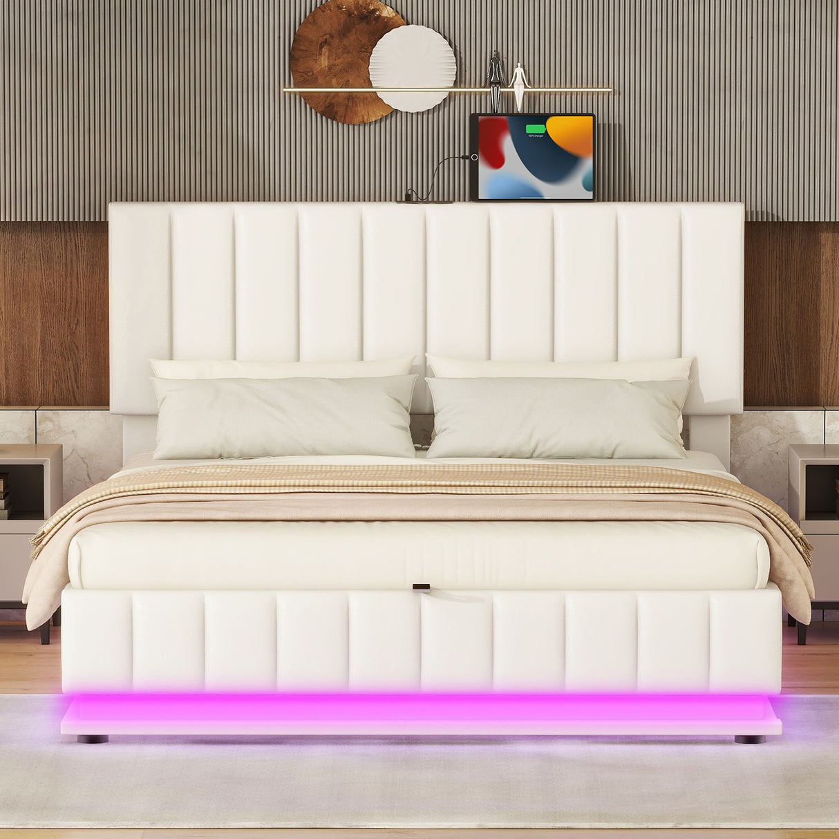Upholstered Bed With Hydraulic Storage System And LED Light, With Sockets And USB Ports