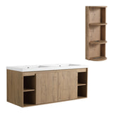 Modern 48" Wall Mounted Bathroom Vanity With Double Resin Sink And Storage Rack Soft Close Doors - Imitative Oak