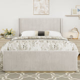 King Size Luxurious Corduroy Upholstered Bed Frame With Vertical Stripe Wingback Headboard And High Footboard - Light Gray