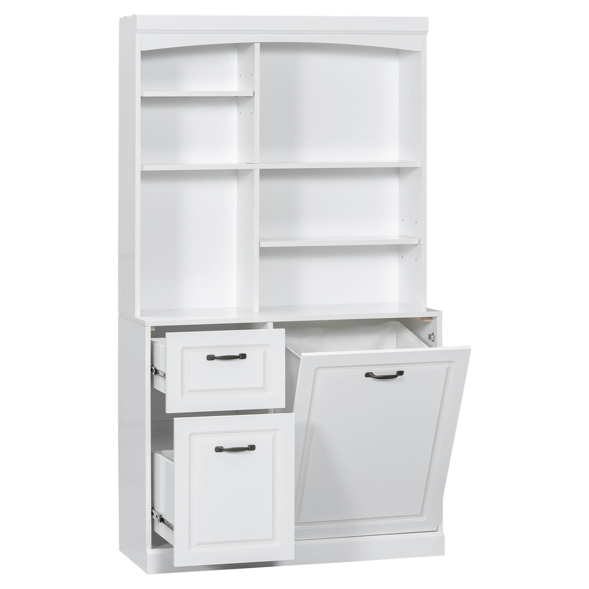 Bathroom Storage Cabinet With Tilt Out Hamper, Tall Free Standing Organizer With Drawers & Adjustable Shelves, Linen Tower With Steel Handles - White
