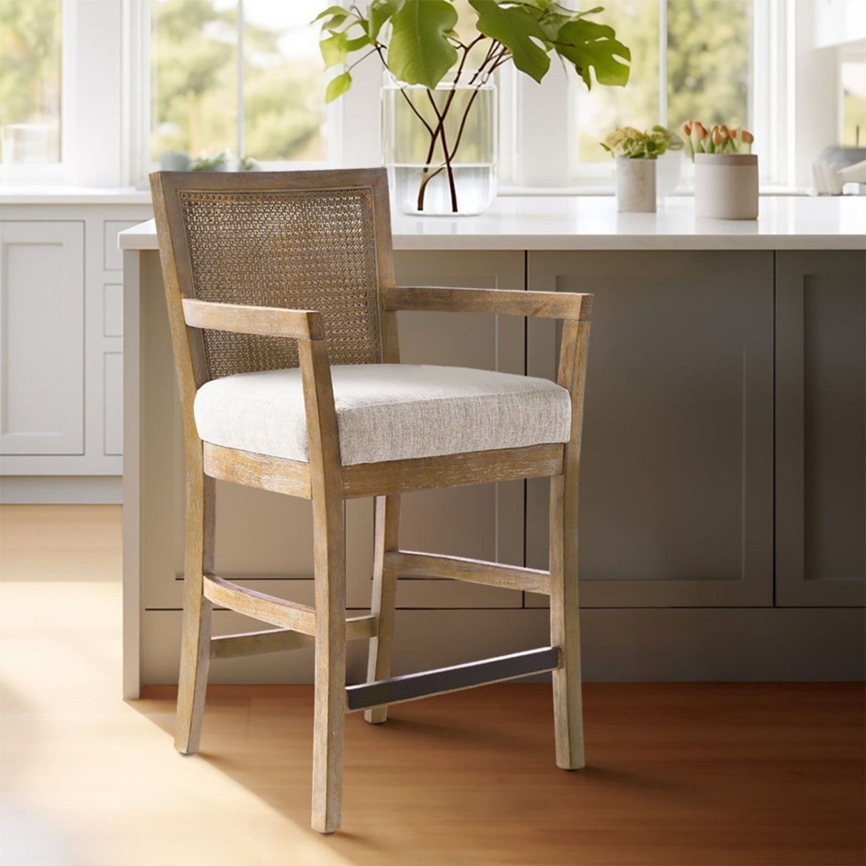 Cane Back Counter Stool With Upholstered Seat - Cream / Reclaimed Natural