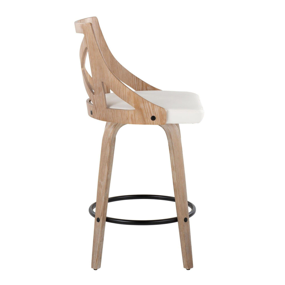 Charlotte - Farmhouse Fixed-Height Swivel Counter Stool (Set of 2) - Whitewashed Wood And White Faux Leather With Round Black Metal Footrest