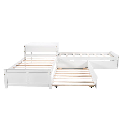 L Shaped Platform Bed With Trundle And Drawers Linked With Built In Desk