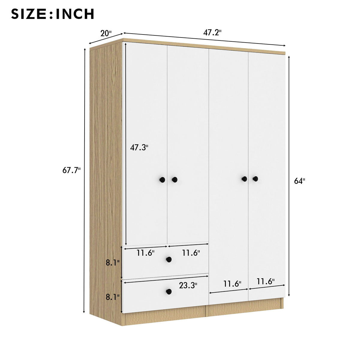 4 Door Wardrobe Closet With Drawers, Shelf, And Hanging Rod - White / Natural