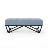Upholstered Ottoman With Button Tufted Waffle Stitch And Black Geometric Legs - Light Blue