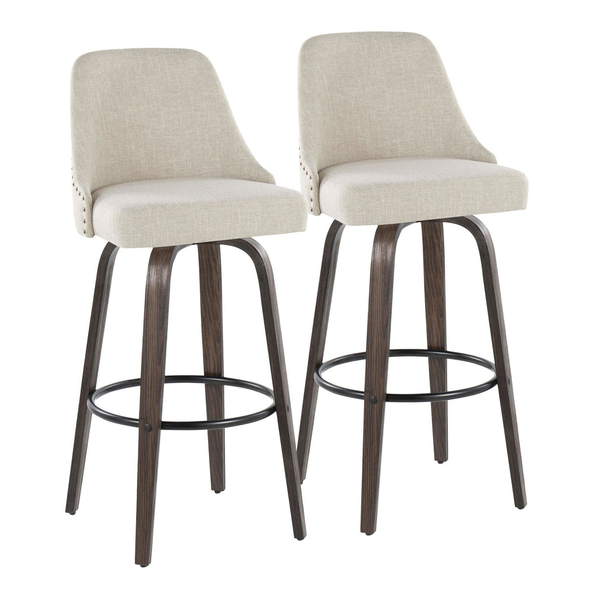 Marcel - 30" Fixed-Height Barstool With Swivel And Round Black Metal Footrest (Set of 2) - Walnut Glazed Wood