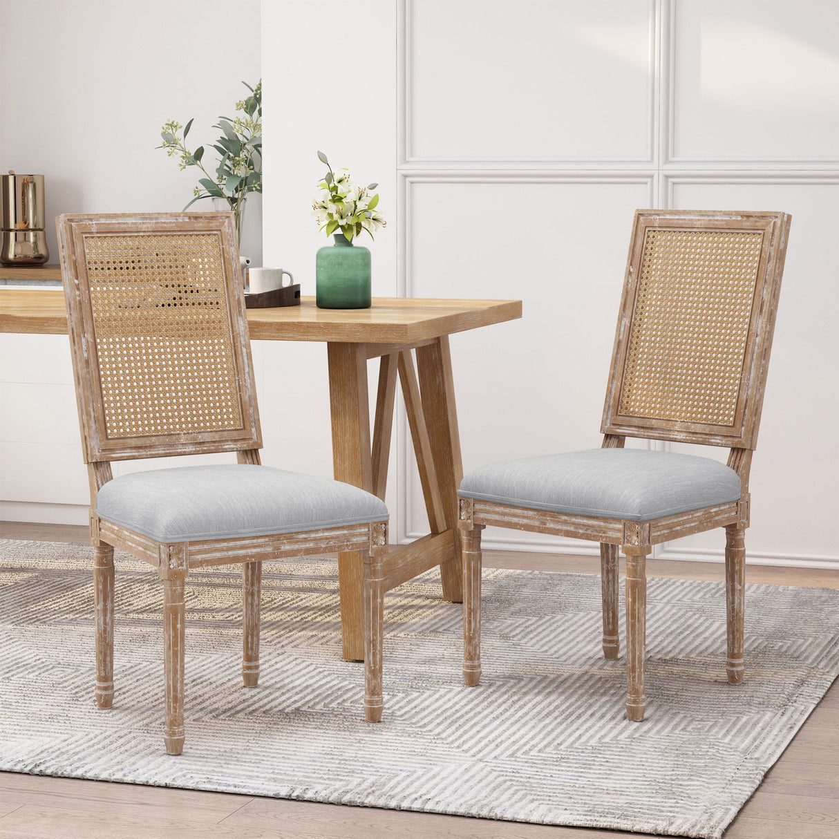 French Country Dining Chair With Rectangular Cane Backrest And Smooth Upholstered Seating