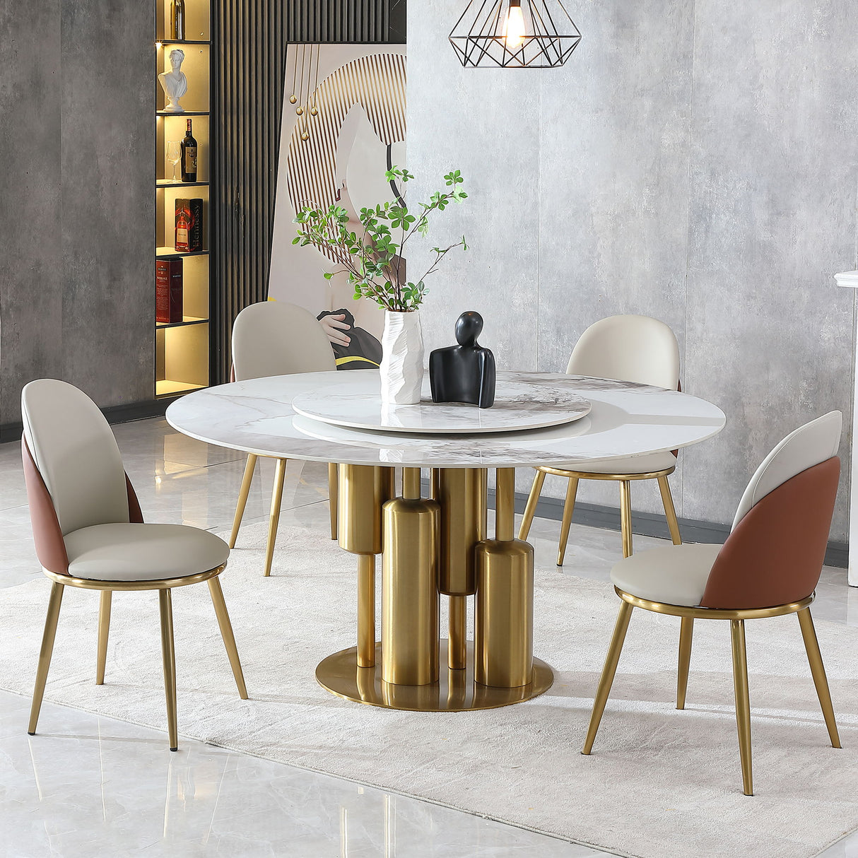 Round Stone Burning Table, Modern Marble Dining Table With Chairs