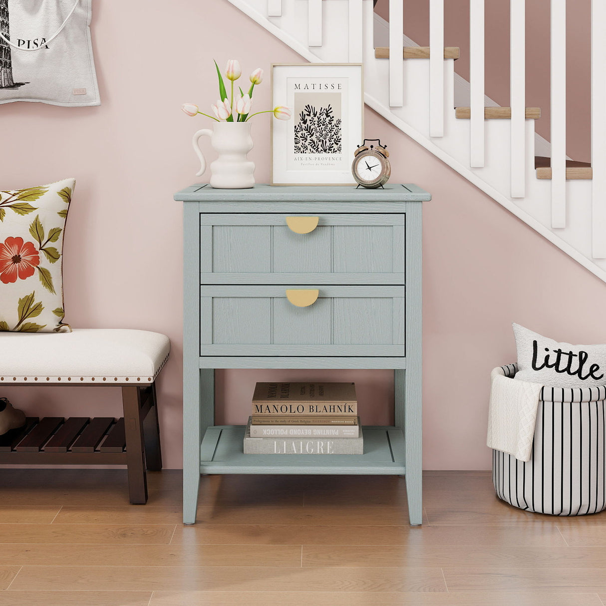 2 Drawer Side Table, American Style, End Table, Suitable For Bedroom, Living Room, Study