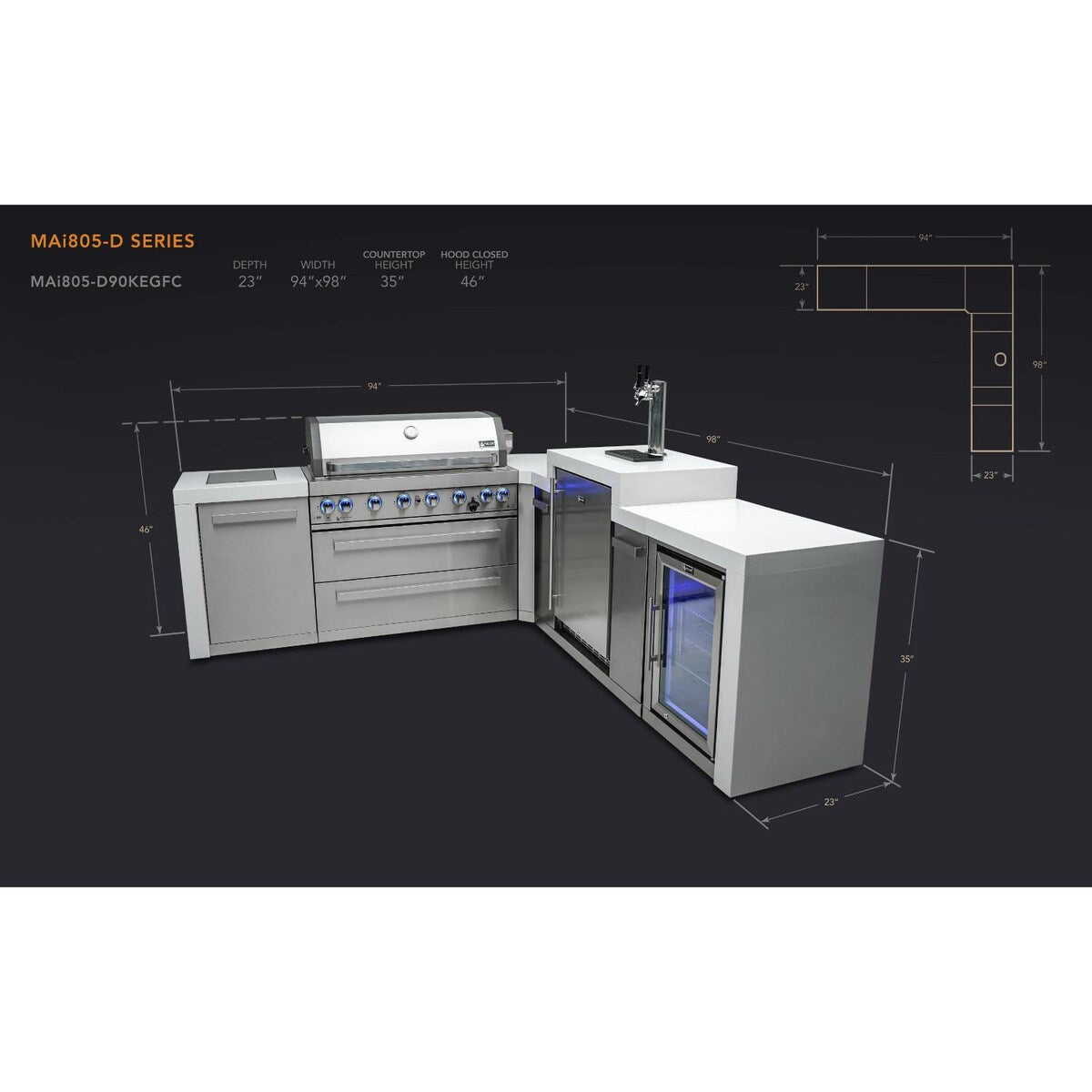 Mont Alpi Deluxe Series 8 Ft L-Shaped Propane Outdoor Kitchen Island w/ Side Burner, Kegerator, & Fridge - MAi805-D90KEGFC