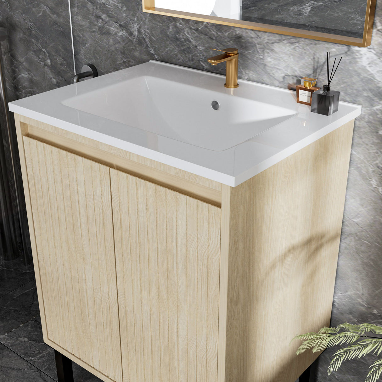 Bathroom Vanity With Ceramic Sink, Floor-Standing Design, Soft-Closing Drawers