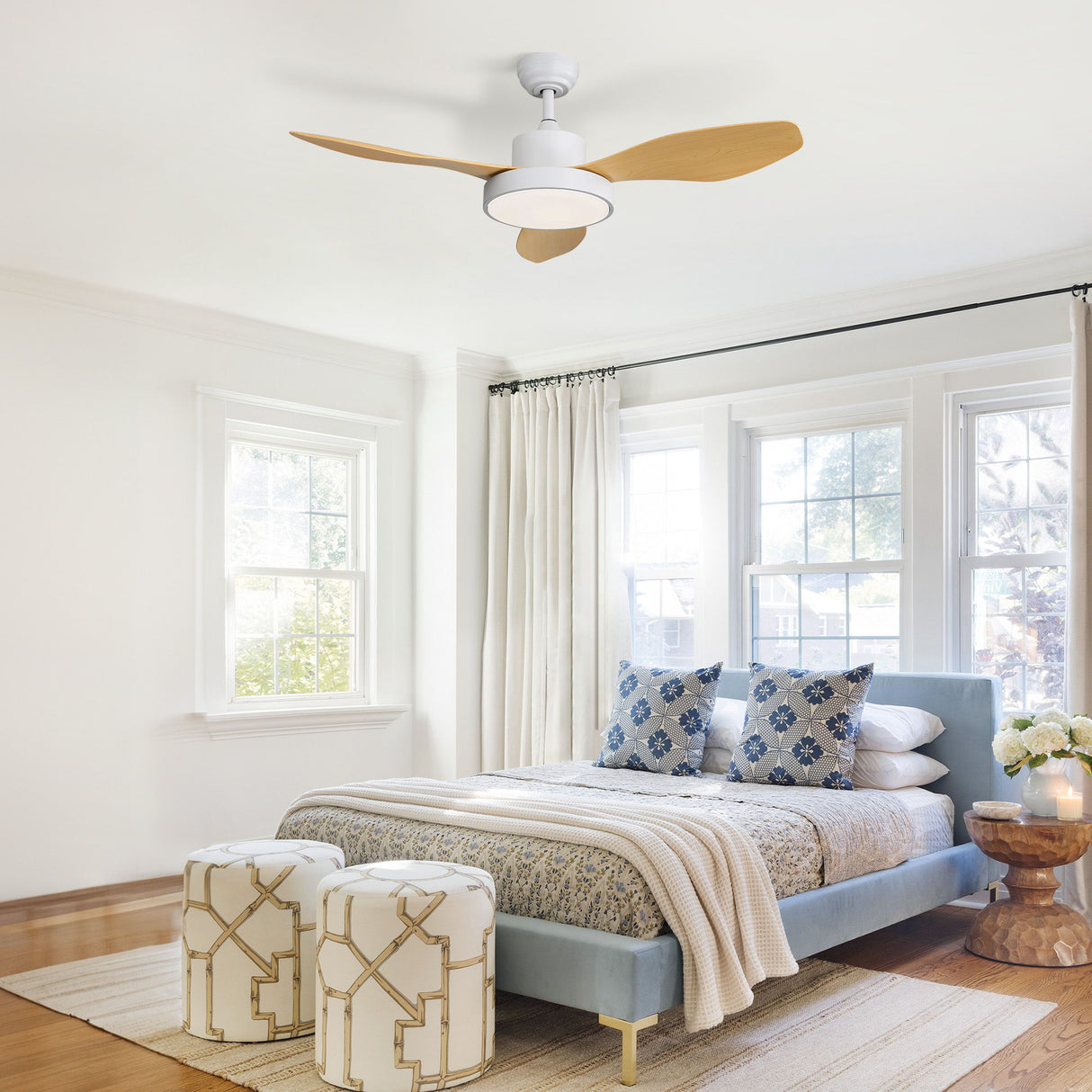 Ceiling Fan With 22W LED Light And Remote Control 6 Speeds Reversible DC Motor For Living Room - White