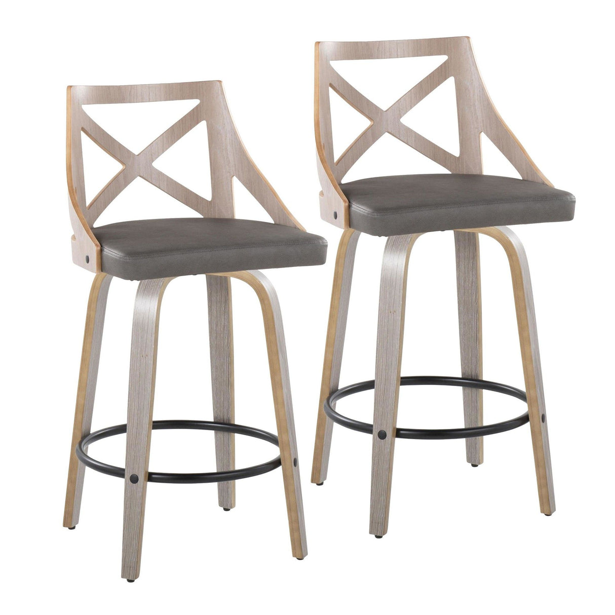 Charlotte - Farmhouse Fixed-Height Swivel Counter Stool (Set of 2) - Light Gray Wood And Gray Faux Leather With Round Black Metal Footrest