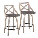 Charlotte - Farmhouse Fixed-Height Swivel Counter Stool (Set of 2) - Light Gray Wood And Gray Faux Leather With Round Black Metal Footrest