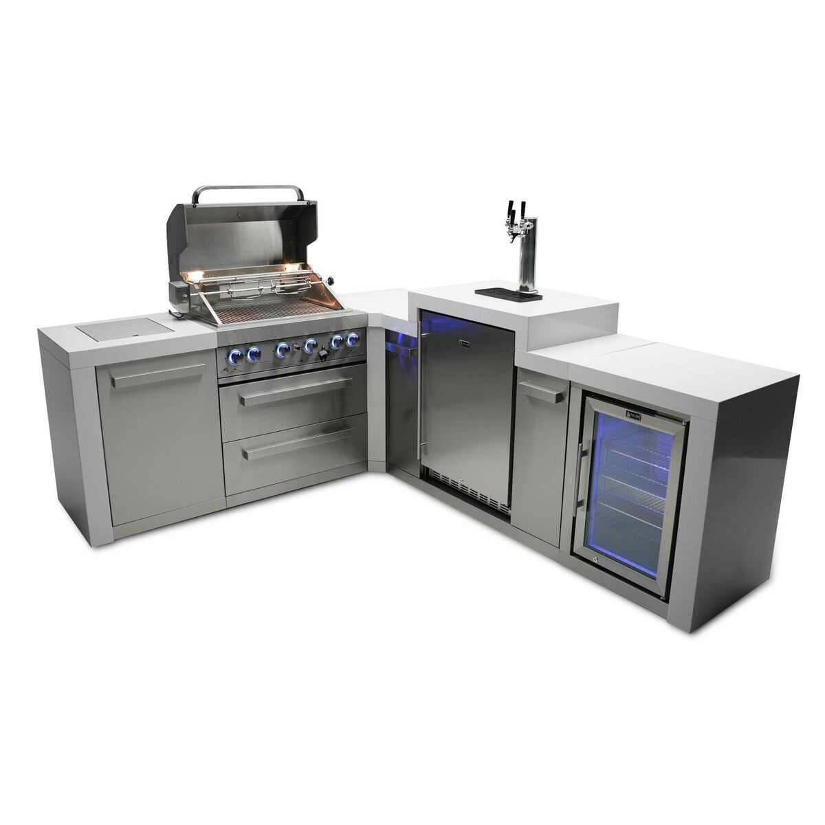 Mont Alpi Deluxe Series 7 Ft L-Shaped Propane Outdoor Kitchen Island w/ Side Burner, Kegerator & Fridge - MAi400-D90KEGFC