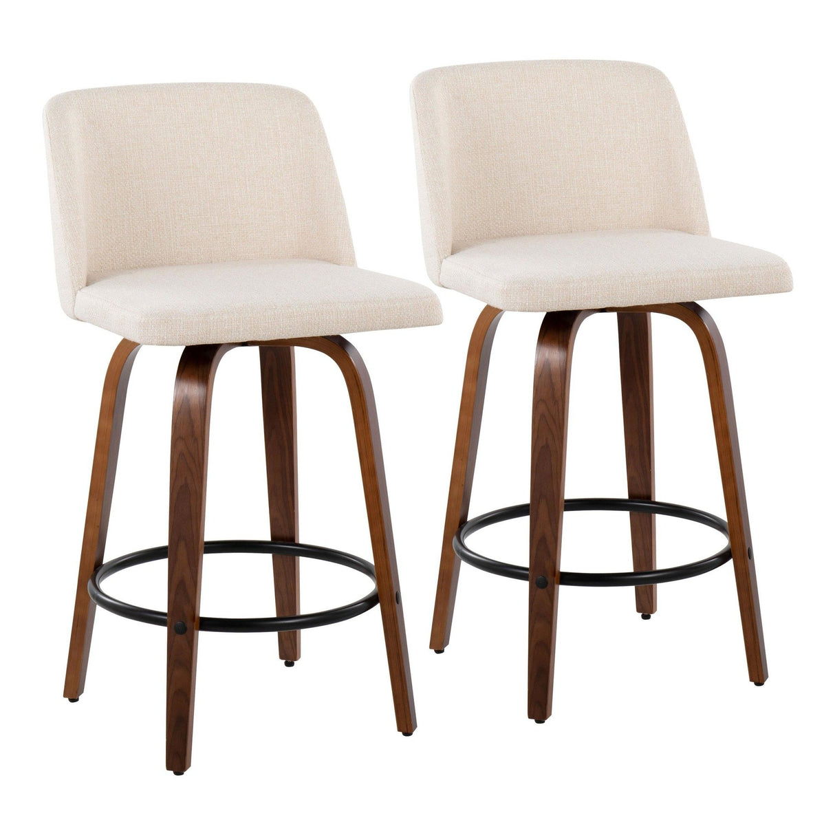 Tintori - Fixed-Height Counter Stool (Set of 2) - Walnut Wood With Round Black Footrest And Cream Noise Fabric
